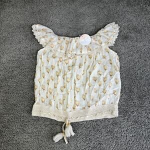 NJ Couture Blouse Womens M/L White Cropped Off Shoulder Ruffle Tassel Floral